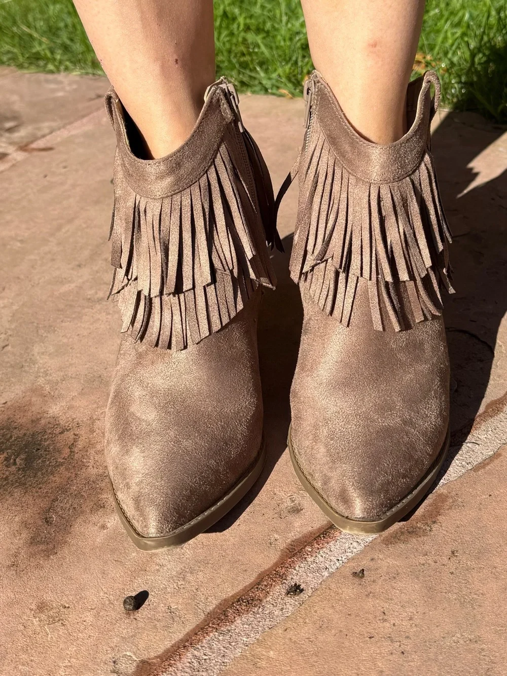 Frye Taupe Suede Fringe Ankle Boots